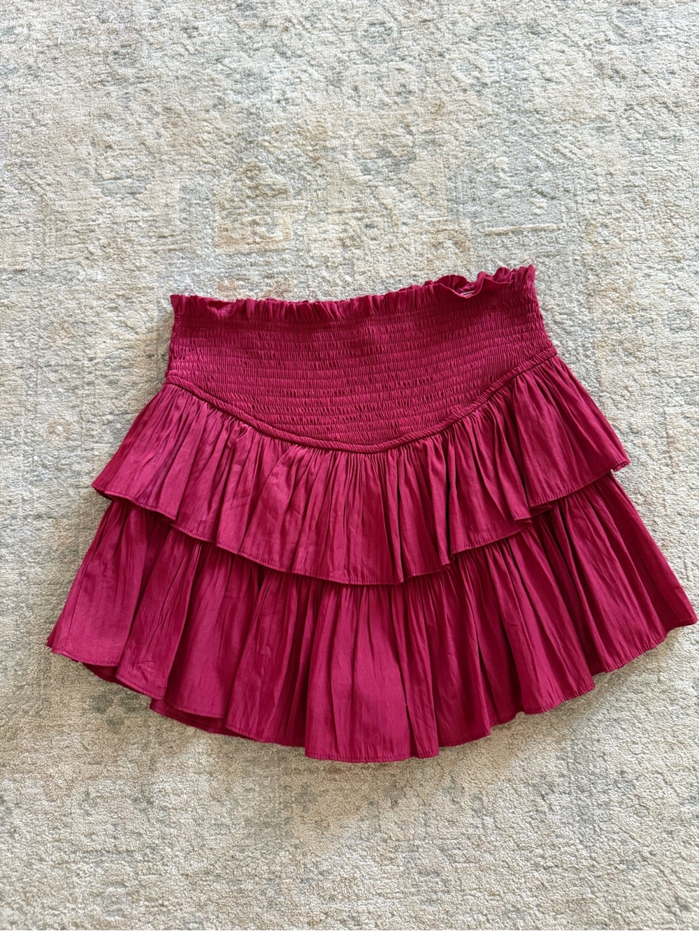 Mustard Seed Burgundy Tiered Ruffle Mini Skirt Sz S Smocked Waist